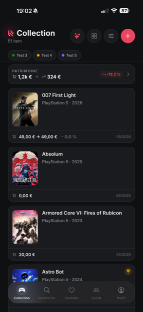 Collection Retroback en thème sombre, avec tags et bouton de filtres en haut de l’écran
